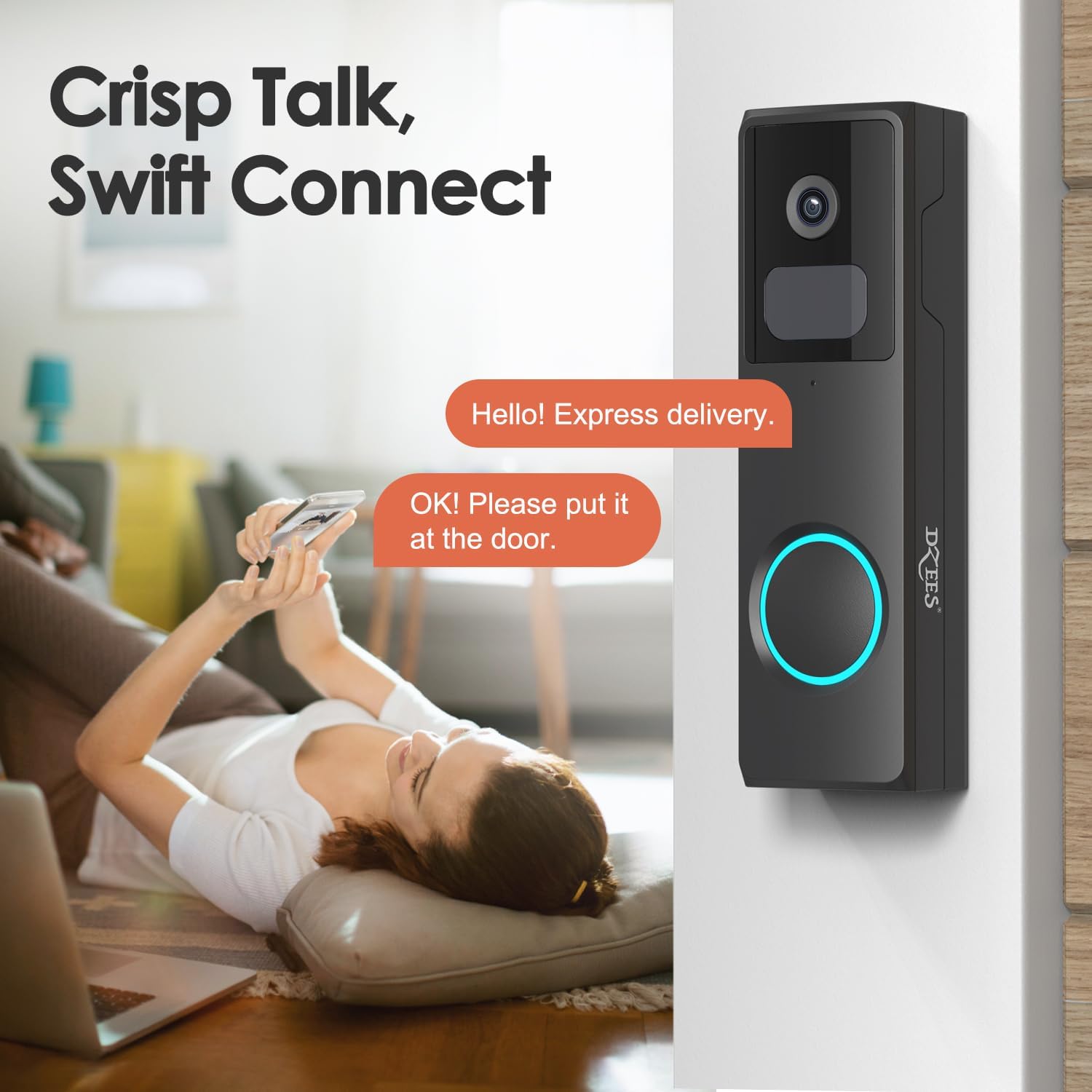 Smart Wireless WiFi Video Doorbell Camera With Chime Ringer Battery Powered Dzees DB2