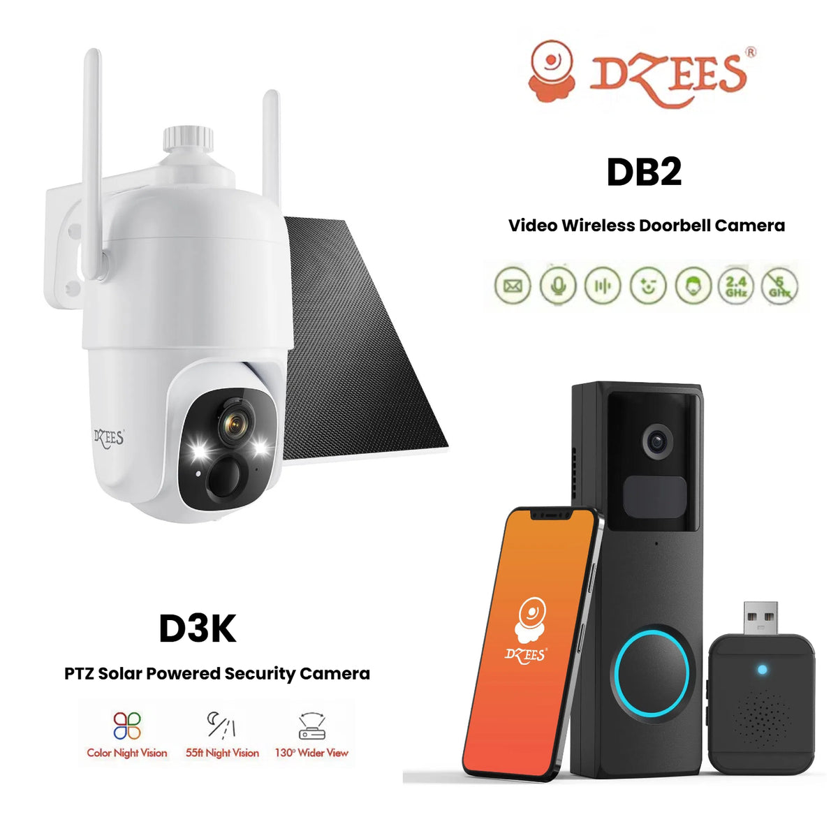 D3K PTZ Security Camera + DB2 Wireless Video Doorbell Camera - Dzees Camera Bundle