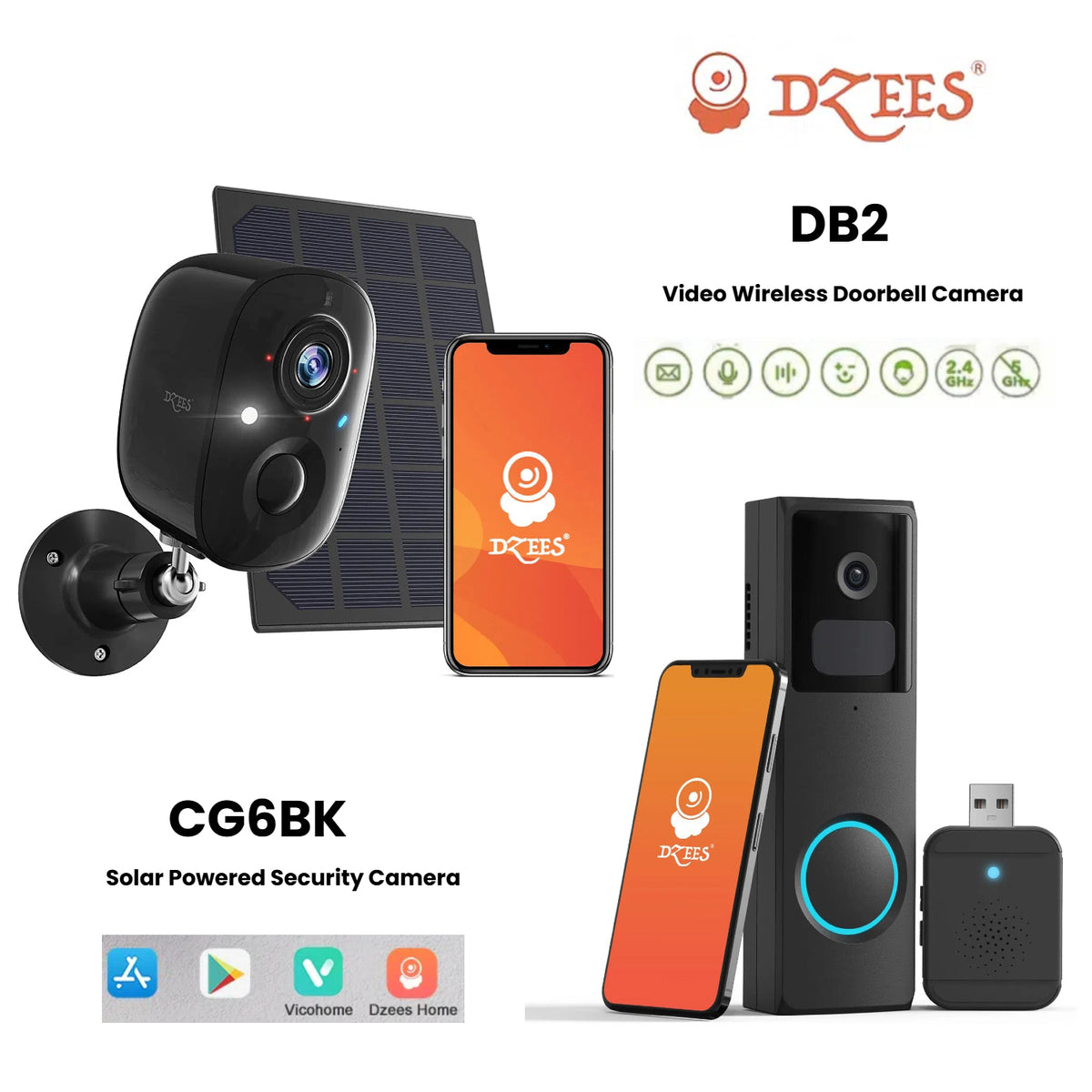 DB2 Wireless Video Doorbell Camera + CG6BK Solar Powered Security Camera -Dzees Camera Bundle