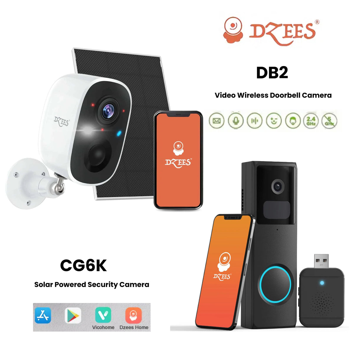 CG6K Wireless Security Camera + DB2 Doorbell Security Camera - Dzees Camera Bundle