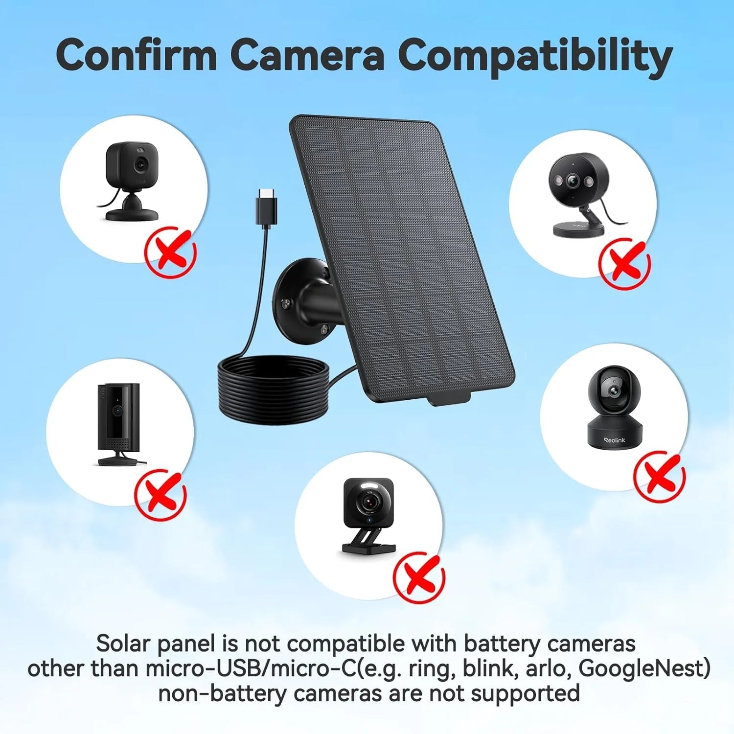 3W Solar Panel Charger for Battery-Powered Security Cameras, USB-C & Micro USB, IP65 Waterproof, 9.8ft Cable, 360° Adjustable Mount - dzees-cam