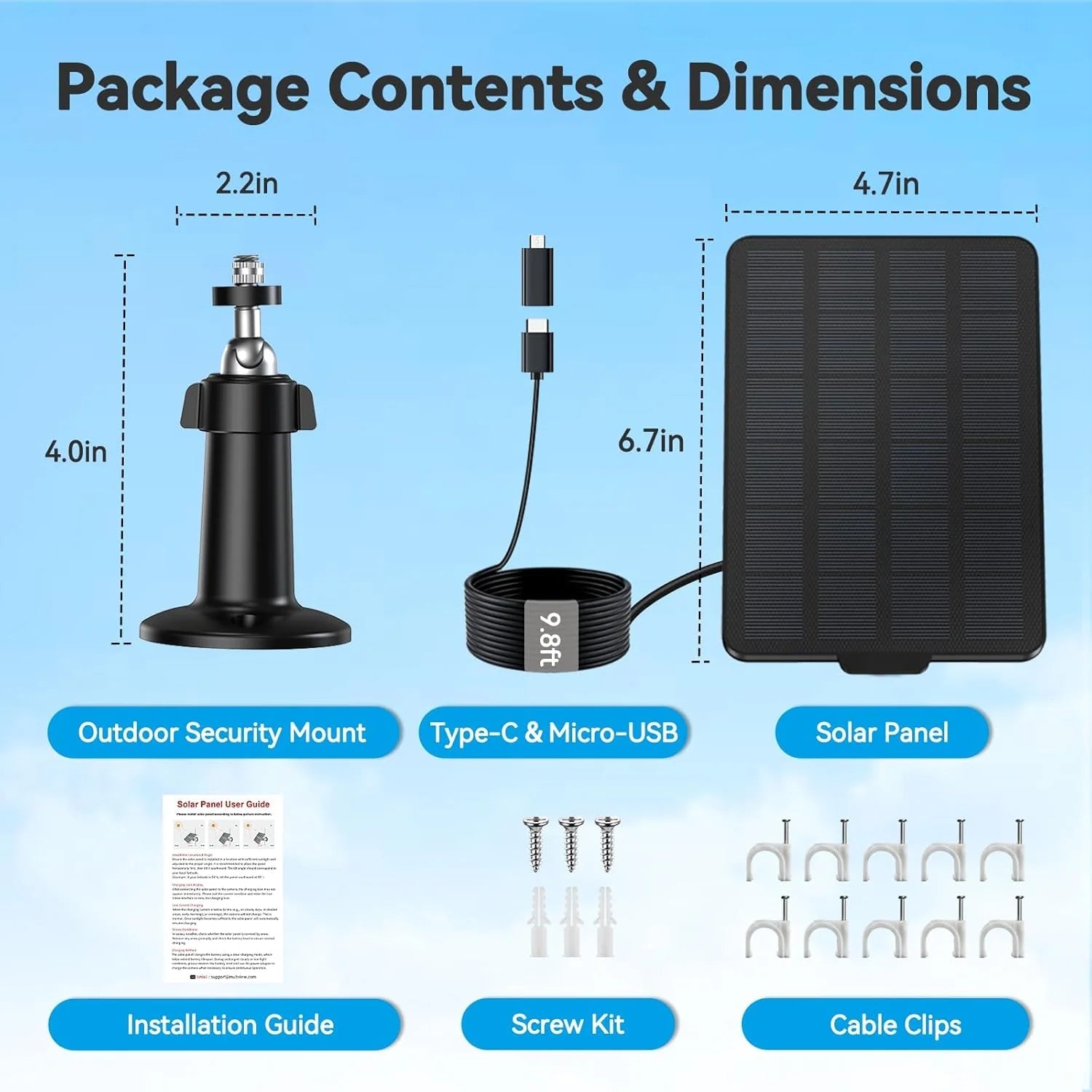 3W Solar Panel Charger for Battery-Powered Security Cameras, USB-C & Micro USB, IP65 Waterproof, 9.8ft Cable, 360° Adjustable Mount - dzees-cam