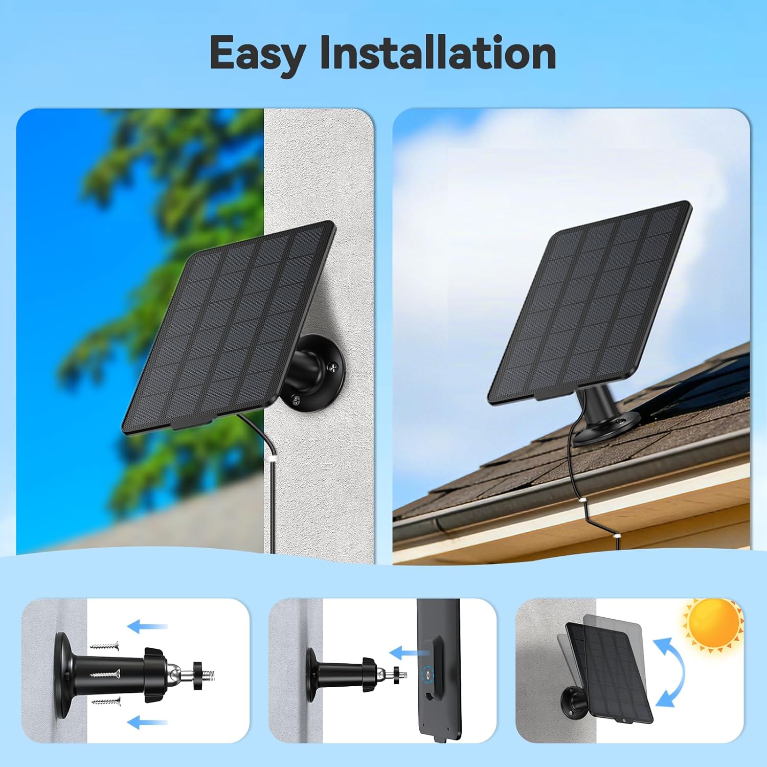 3W Solar Panel Charger for Battery-Powered Security Cameras, USB-C & Micro USB, IP65 Waterproof, 9.8ft Cable, 360° Adjustable Mount - dzees-cam