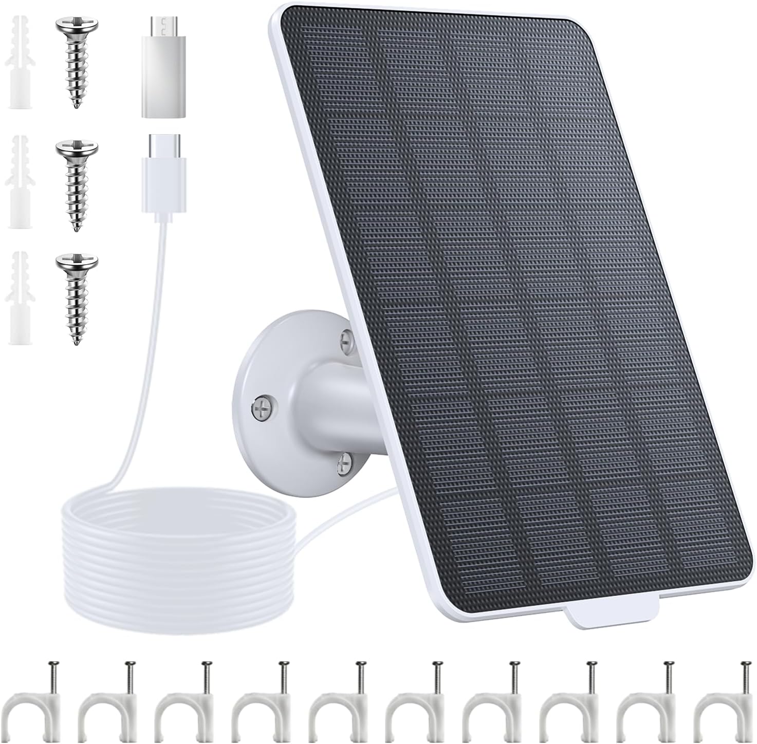 3W Solar Panel Charger for Battery-Powered Security Cameras, USB-C & Micro USB, IP65 Waterproof, 9.8ft Cable, 360° Adjustable Mount - dzees-cam