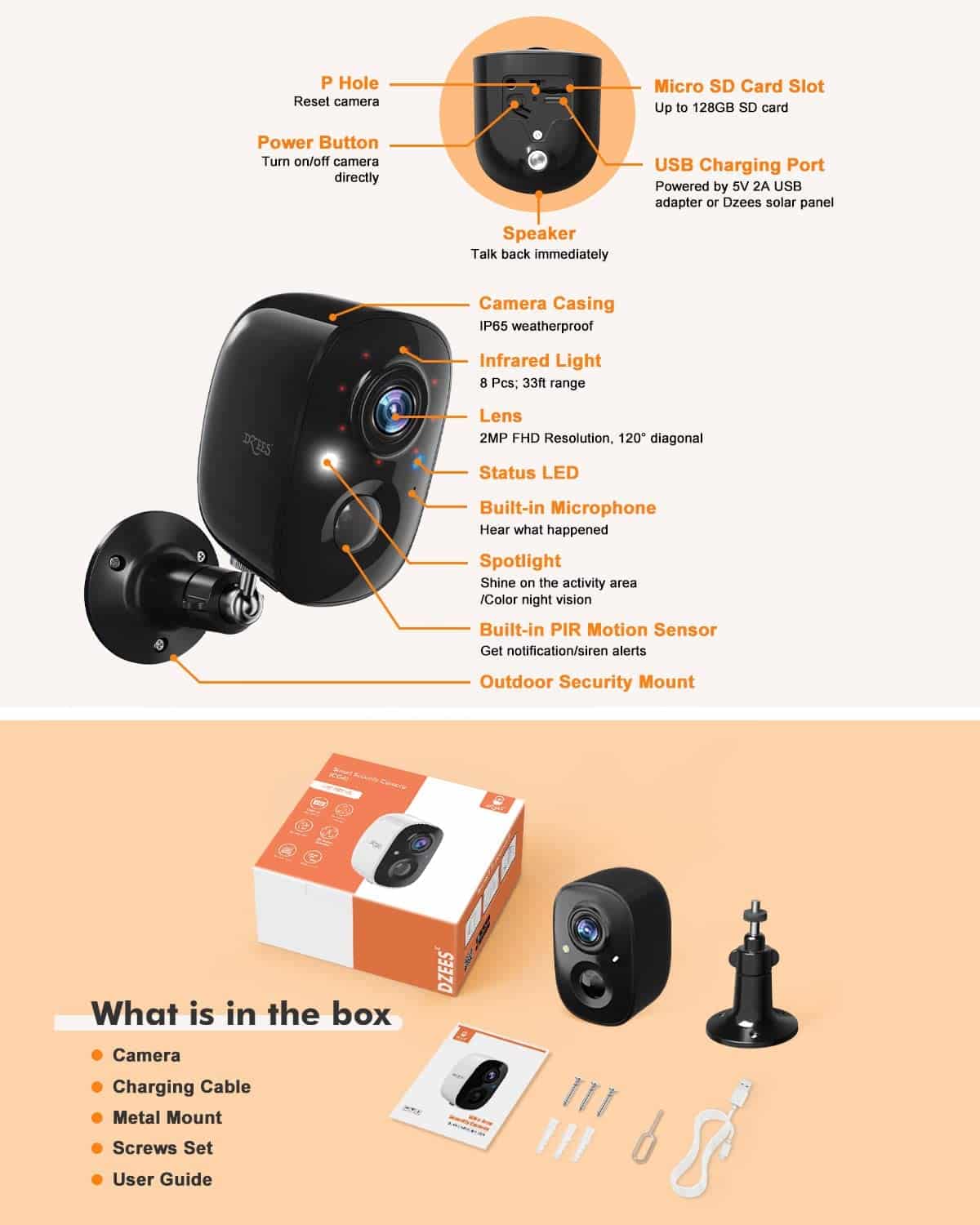 2K Wireless Outdoor Security Camera – Battery Powered, AI Detection, 2 - Way Audio, IP65 Waterproof Dzees G6B - dzees - cam