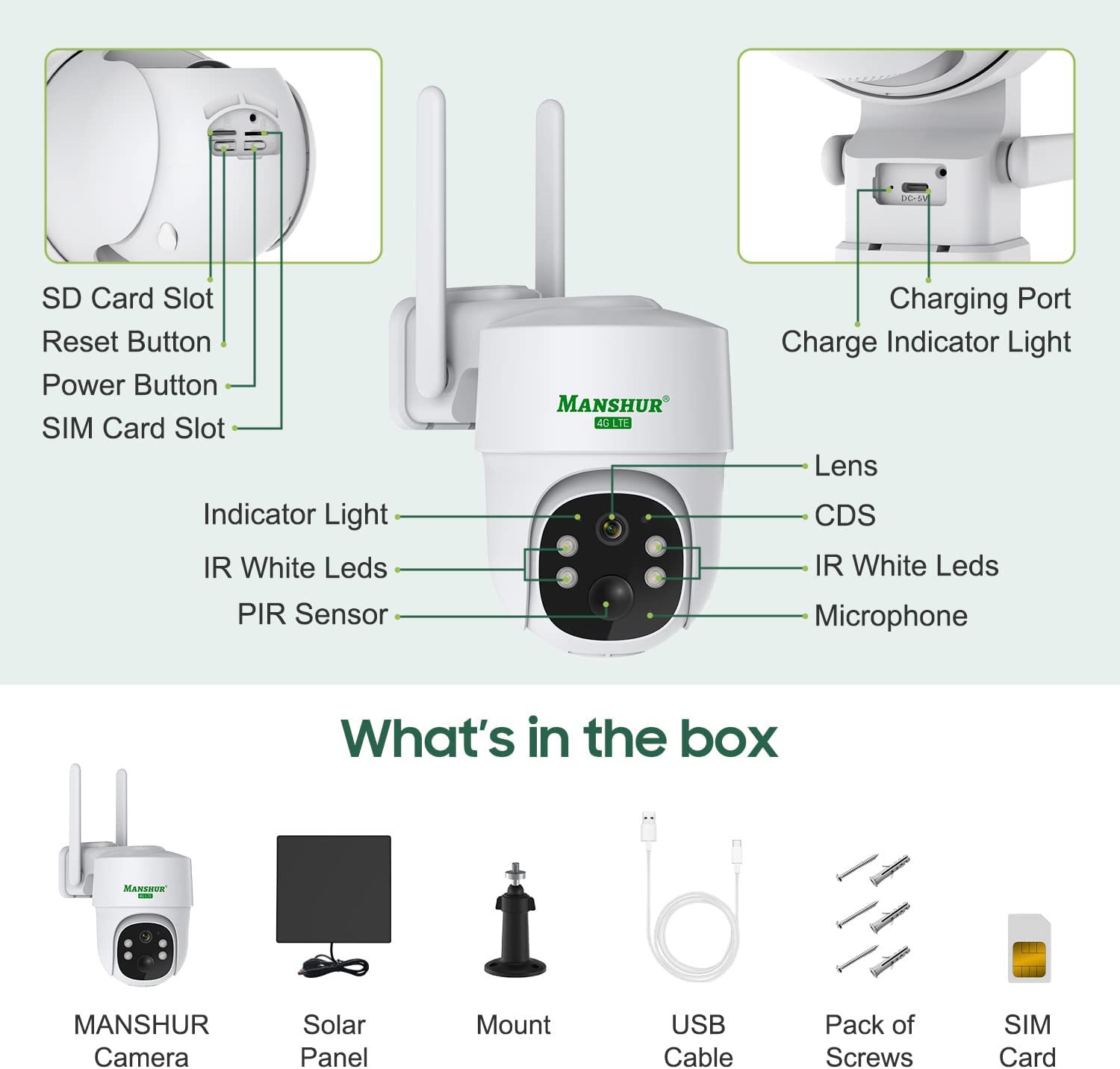 4G LTE Cellular Wireless Security Camera 360° PTZ 2K Solar No WiFi Surveillance Camera MANSHUR UB6 (UBOX App) - dzees - cam